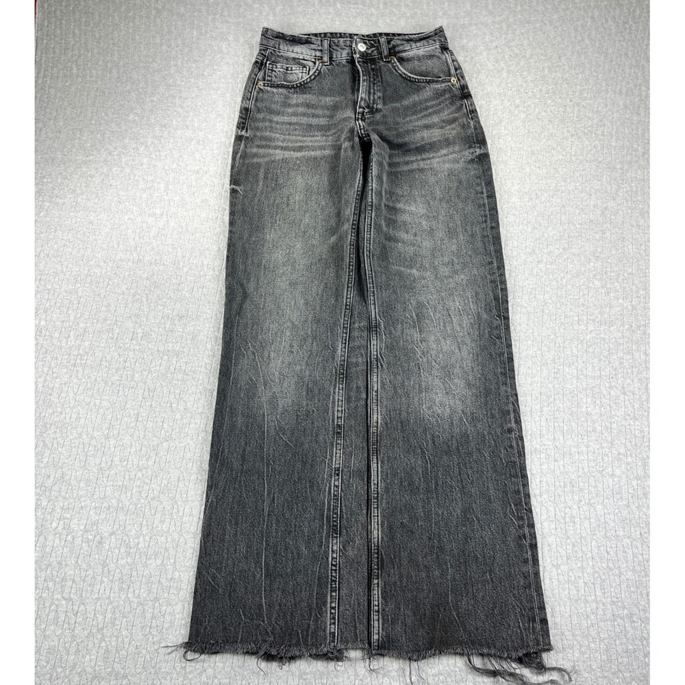 Zara Baggy Wide Leg Jeans Women 2/25x32 Black Fade High Rise Raw Hem Y2K 90s